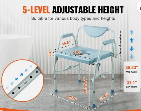 1000LBS Raised Toilet Seat w/Drop Arm Adjustable Height Padded Commode Chair