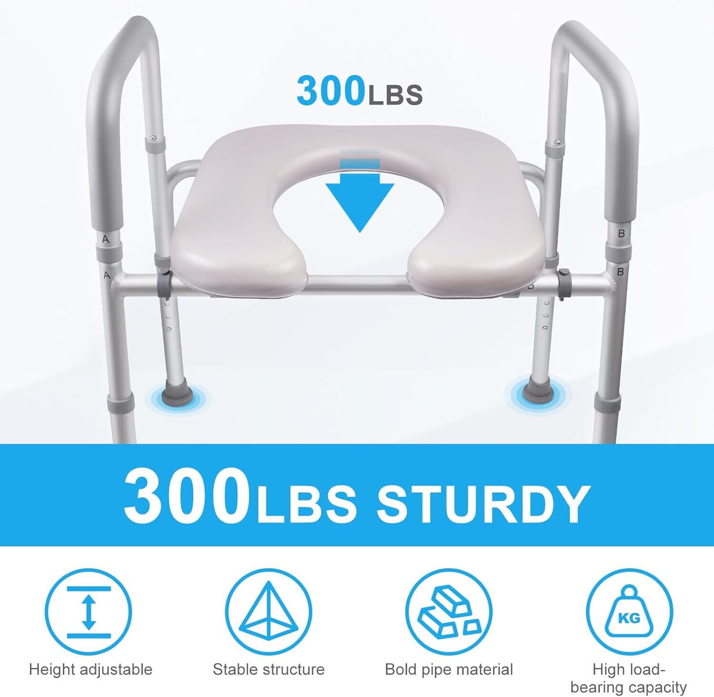 Raised Toilet Seat with Handles, Stand Alone Adjustable Toilet Safety Frame