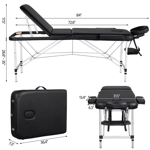 Aluminium Professional Massage Table Adjustable Portable Lashing Bed 3 Folding