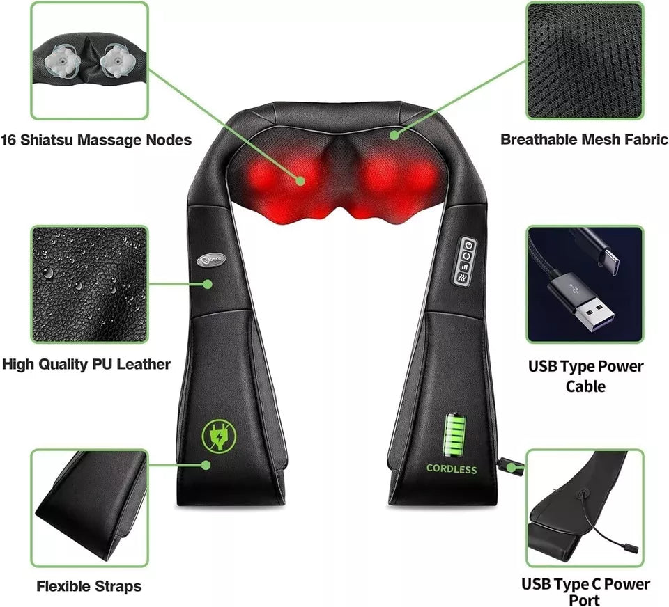 Cordless Shiatsu Neck and Shoulder Massager with Heat Portable