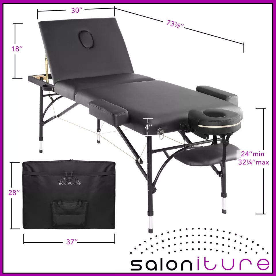 Portable Massage Table - Tri-Fold Aluminum Legs with Carrying Case - Black