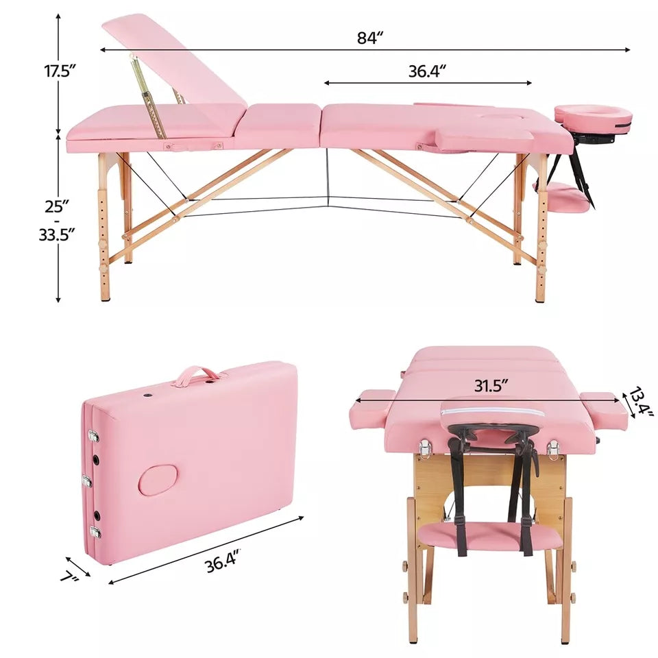 84" Portable Massage Table 3 Fold Adjustable Facial Spa Salon Bed Lashing Table