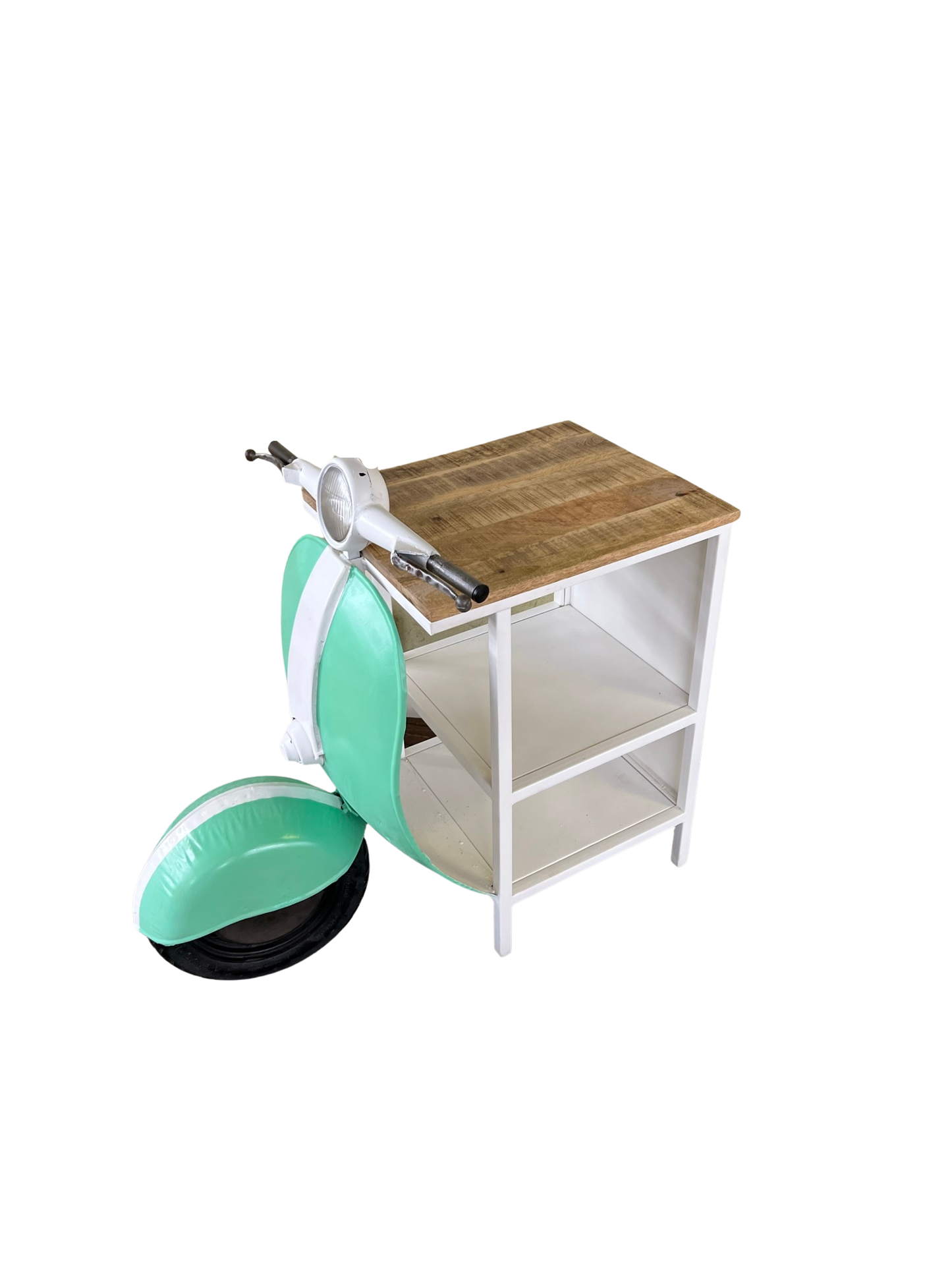 26" Green And White Novelty Scooter Open Cabinet with Two Shelves