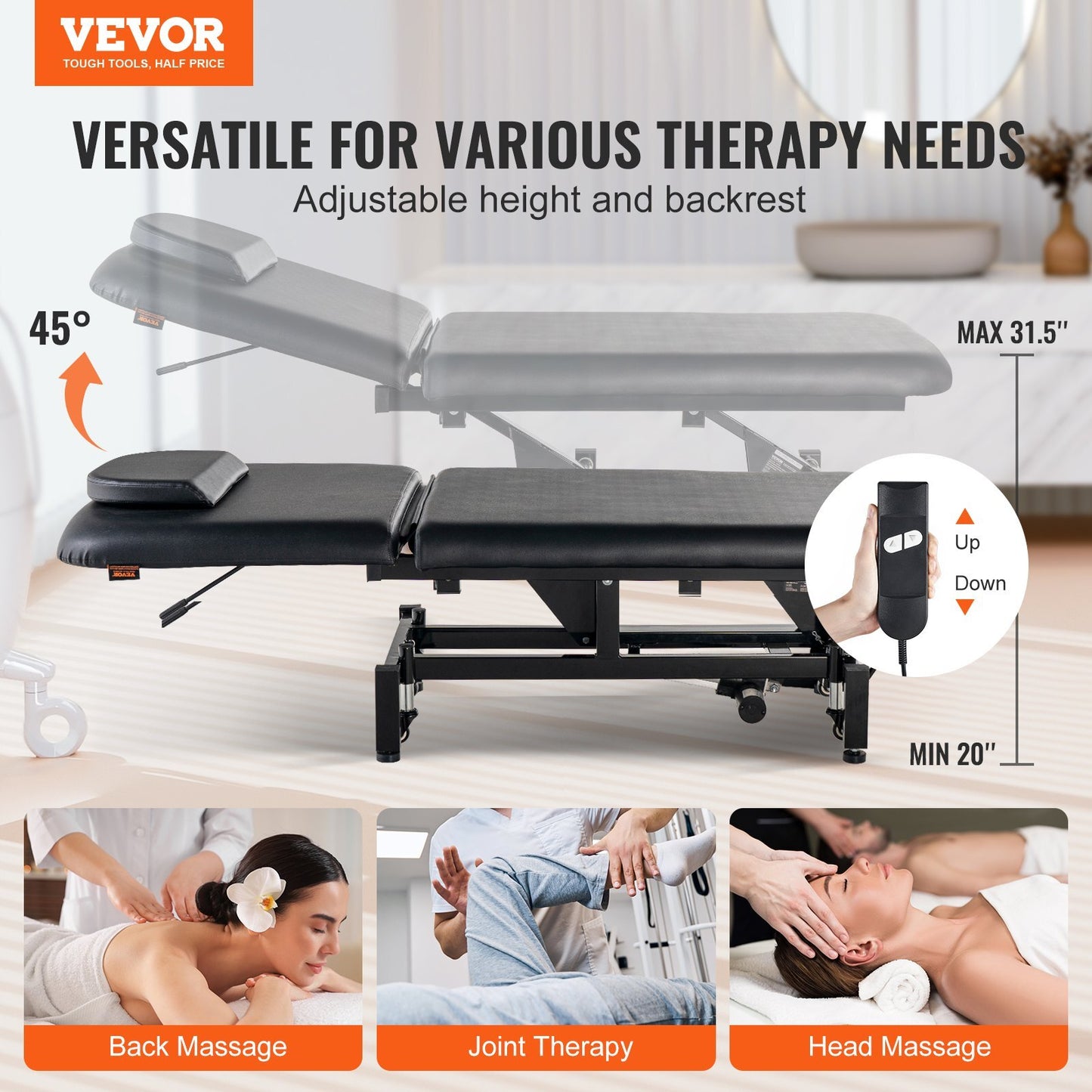 VEVOR Professional Electric Lift Massage Table, 0-45? Adjustable Backrest Medical Table Beauty Bed, Height Adjustable Tattoo Spa Table on Wheels, Electric Massage Table with Headrest, 550LBS