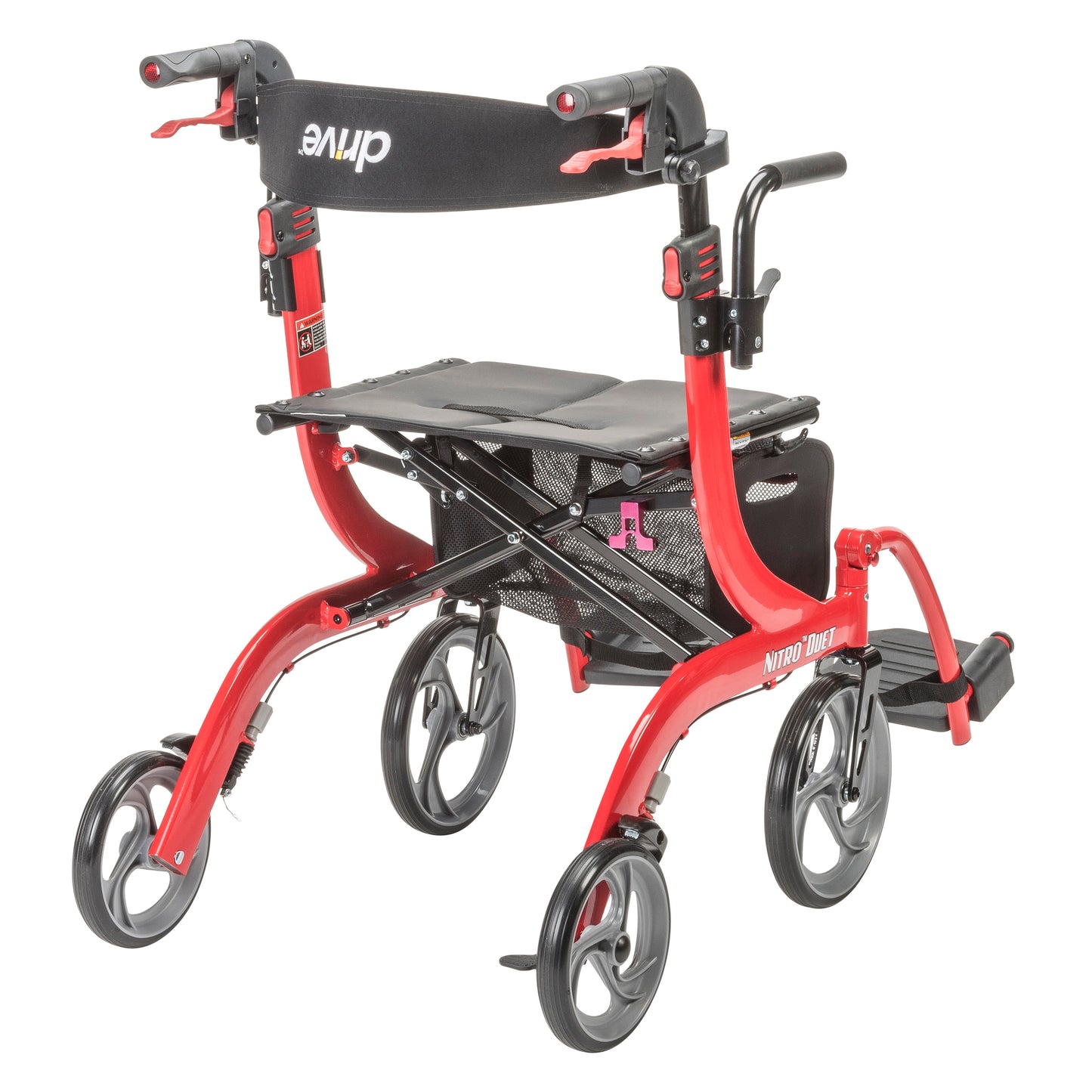 Drive Medical Nitro Duet Dual Function Transport Wheelchair and Rollator Rolling Walker, Red