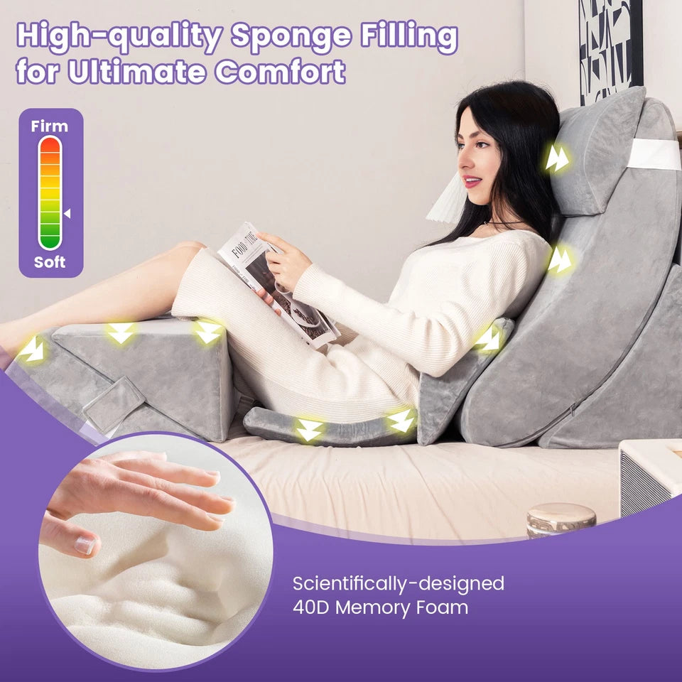 7-Piece Memory Foam Bed Wedge Pillow Set – Adjustable Support for Acid Reflux, Recovery & Pain Relief