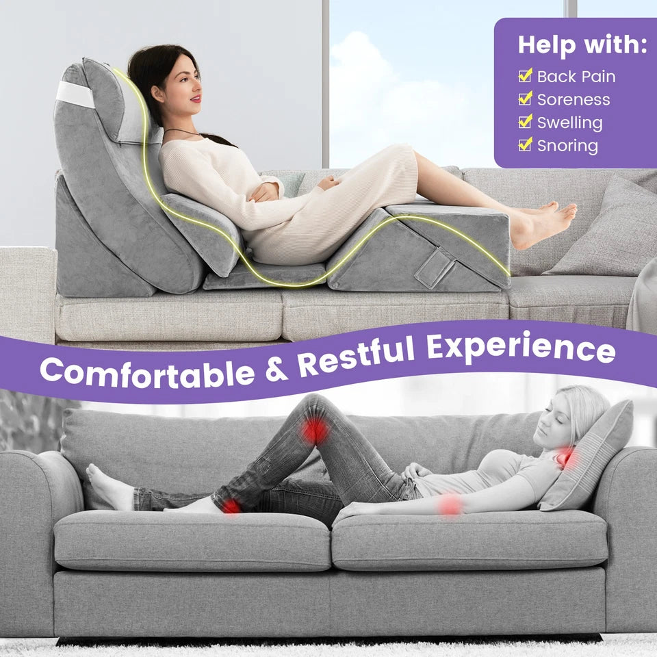 7-Piece Memory Foam Bed Wedge Pillow Set – Adjustable Support for Acid Reflux, Recovery & Pain Relief