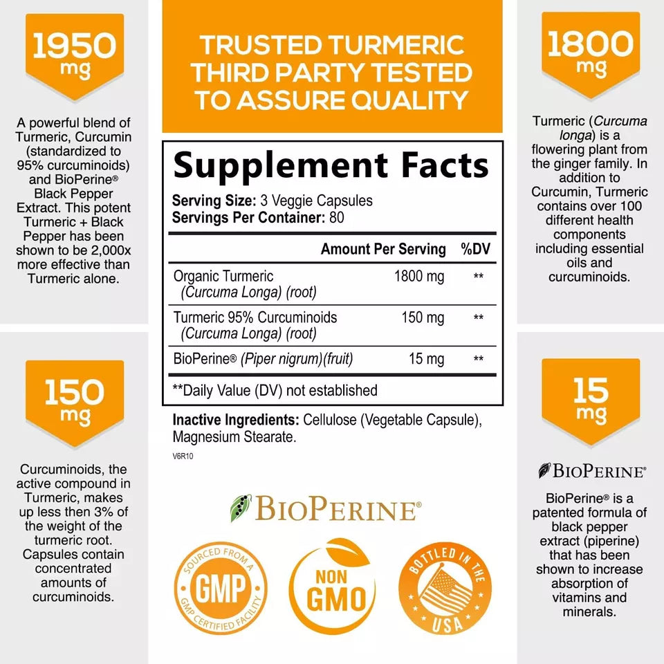 Turmeric Curcumin with BioPerine 1950mg - 240 capsules