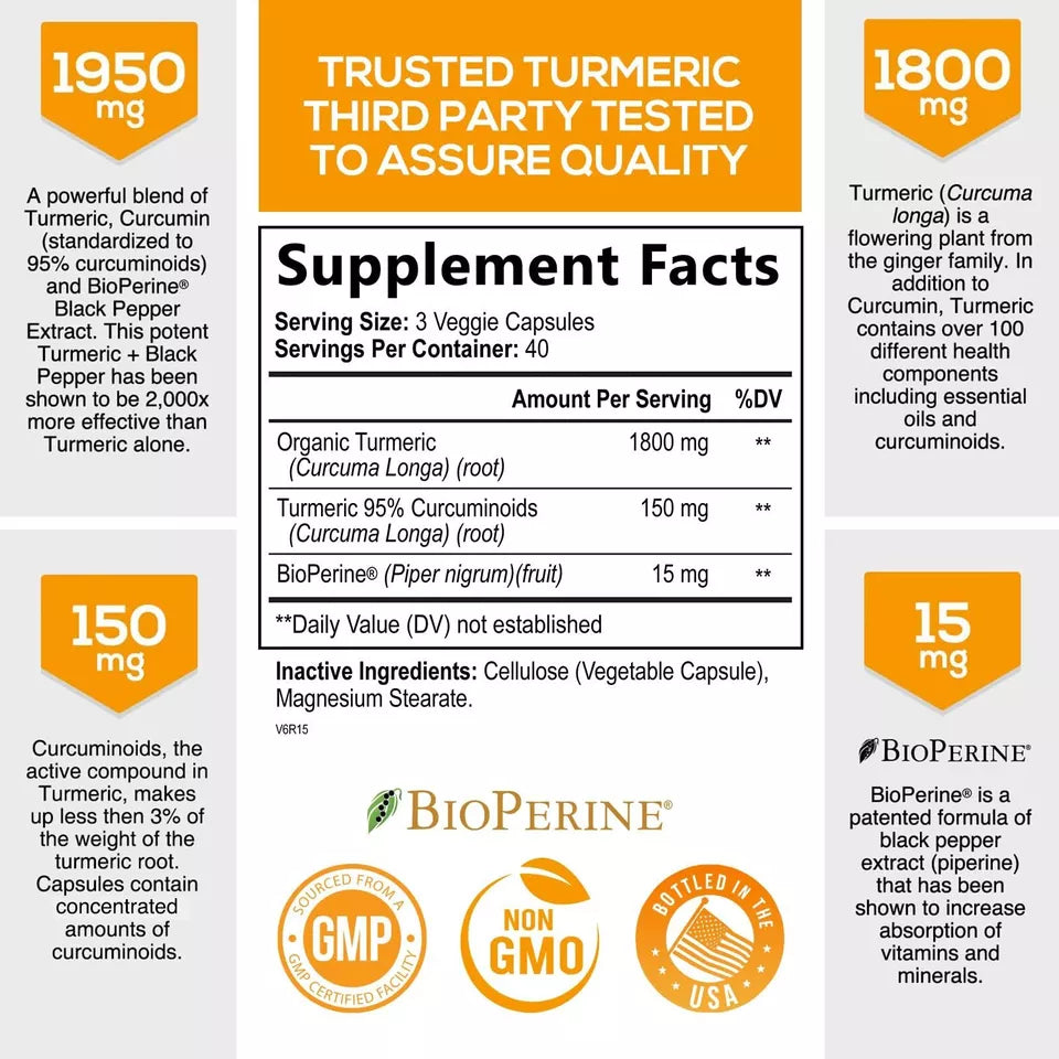 Turmeric Curcumin with BioPerine 1950mg - 120 capsules