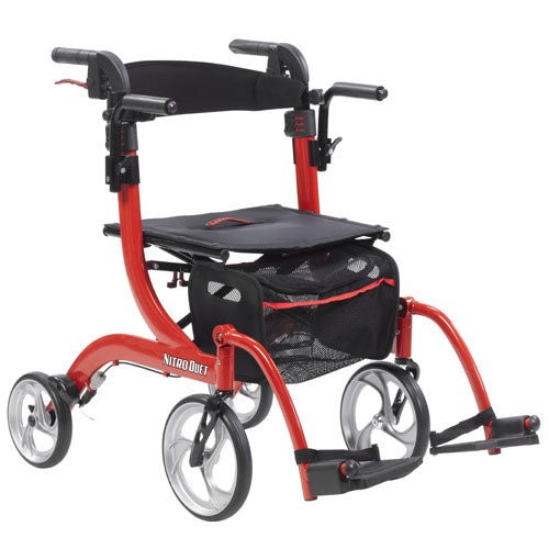 Drive Medical Nitro Duet Dual Function Transport Wheelchair and Rollator Rolling Walker, Red